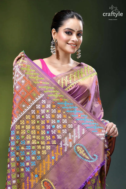 African violet multicolor kutch embroidered silk saree - mirror work vibrant purple silk saree adorned 2