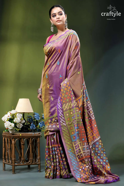 African violet multicolor kutch embroidered silk saree - mirror work woman wears vibrant purple gold 4