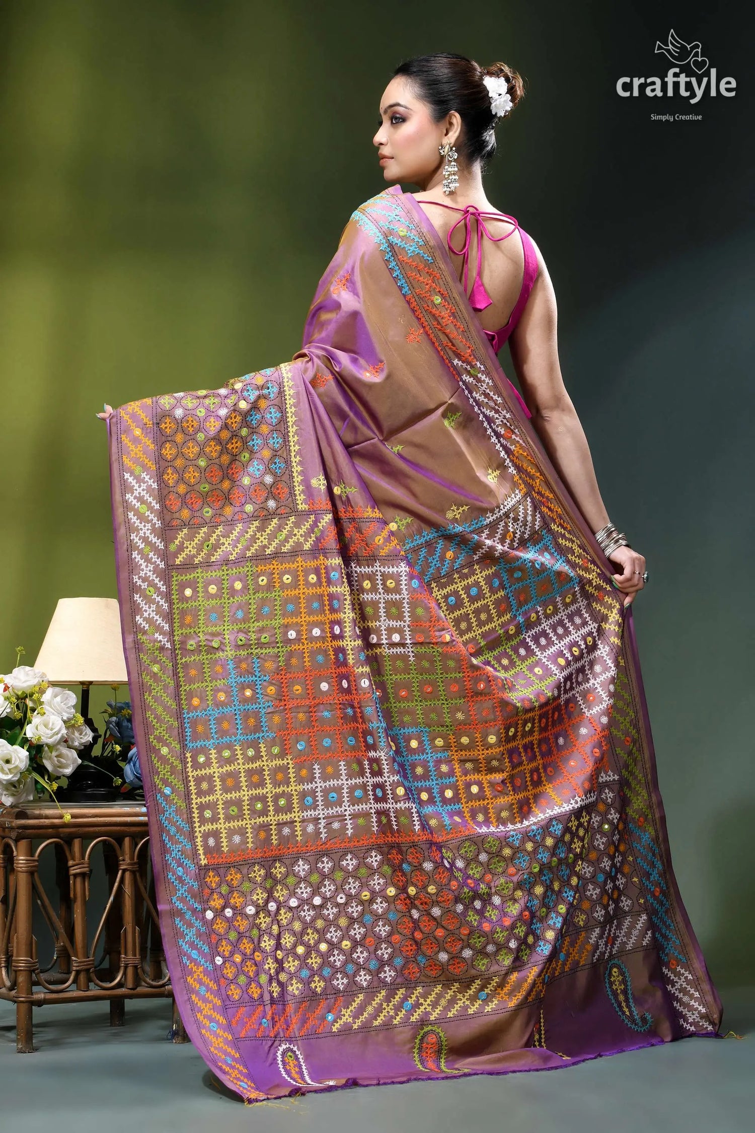 African violet multicolor kutch embroidered silk saree - mirror work woman wears vibrant intricately patterned 6