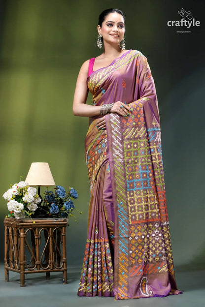 African violet multicolor kutch embroidered silk saree - mirror work woman vibrant purple saree intricate 7