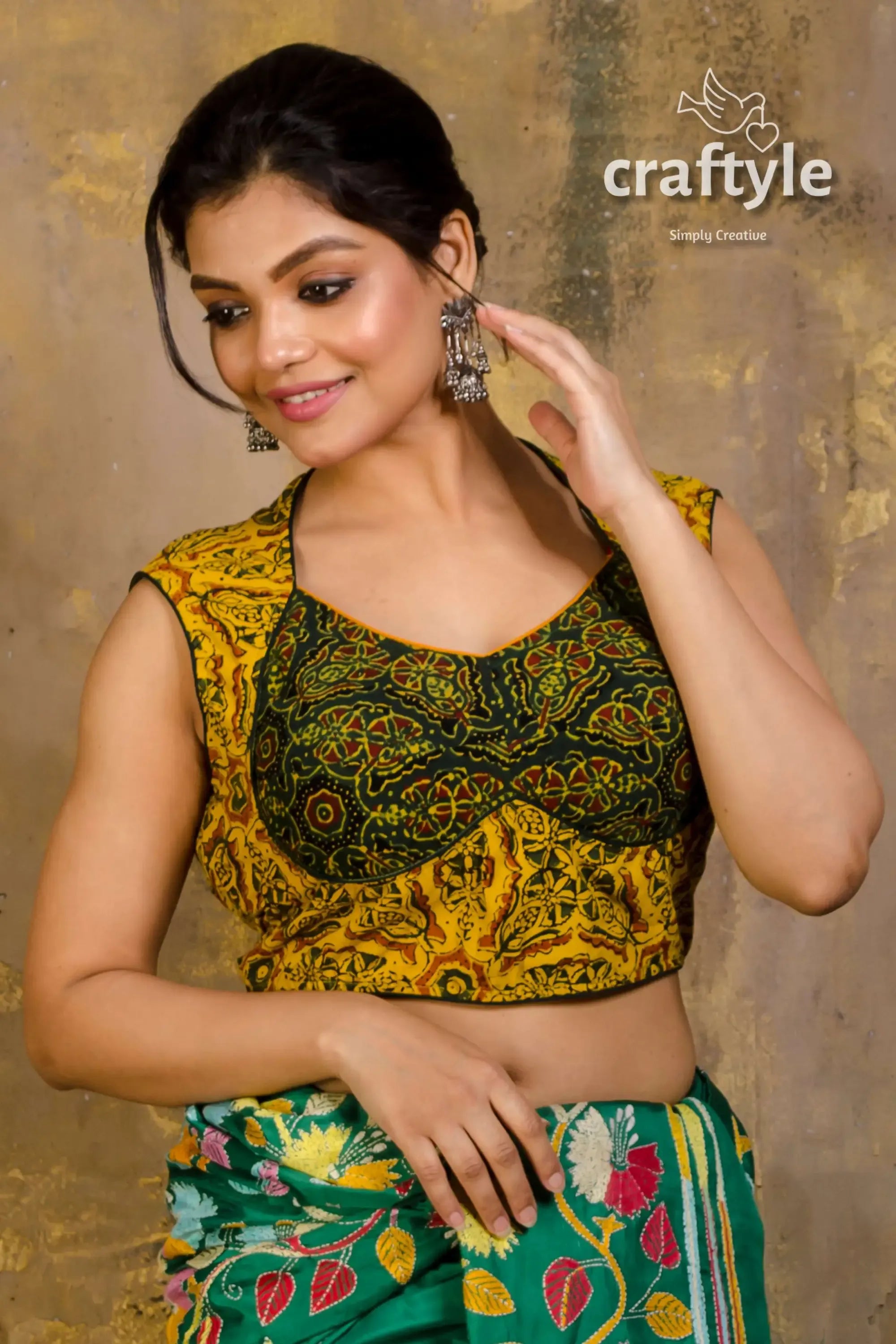 Ajrakh block print pure cotton blouse vibrant yellow green printed blouse 1