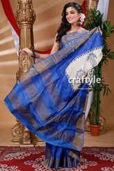 Alabaster White & Blue Hand Block Print Pure Zari Tussar Saree - Craftyle