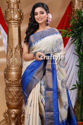 Alabaster White & Blue Hand Block Print Pure Zari Tussar Saree - Craftyle