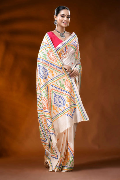 Alabaster white kutch embroidery silk saree with multicolor ethnic design 4
