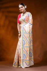 Alabaster white kutch embroidery silk saree with multicolor ethnic design 3