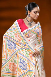 Alabaster white kutch embroidery silk saree with multicolor ethnic design 2