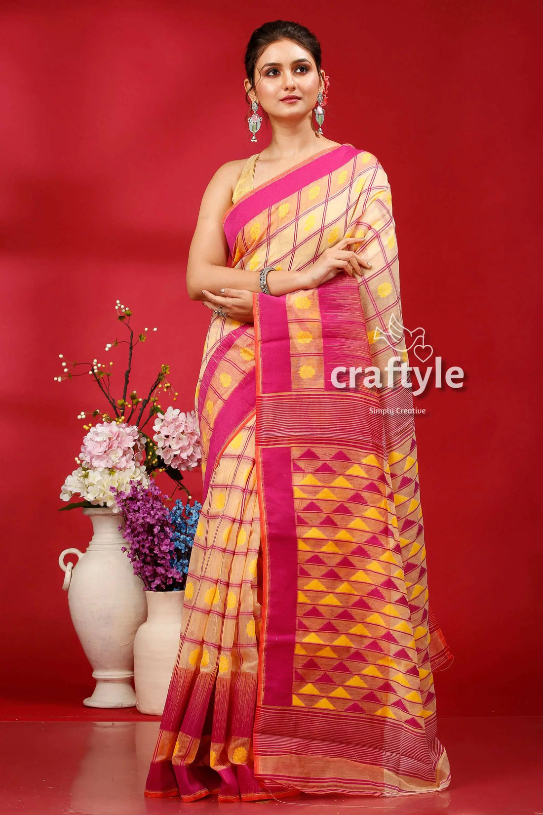 Almond-fuchsia elegant bengal jamdani saree woman pink yellow patterned saree 1