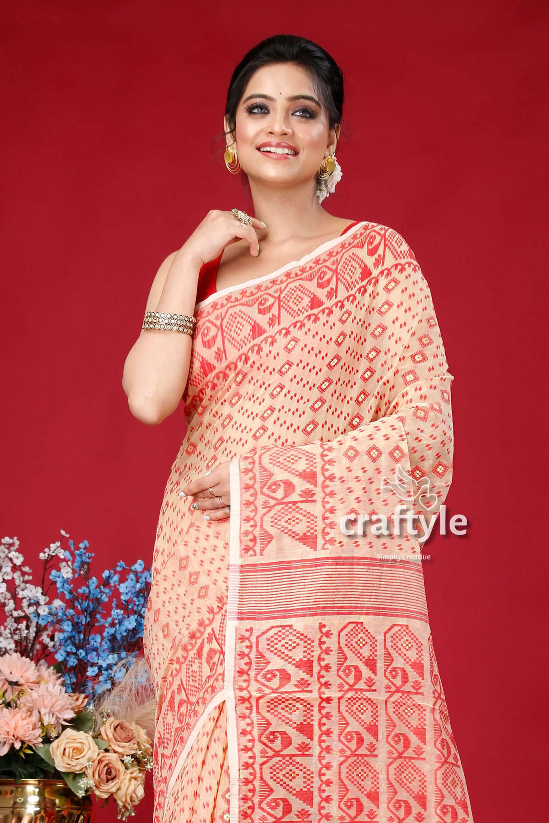 Almond red traditional jamdani saree woman patterned saree 2