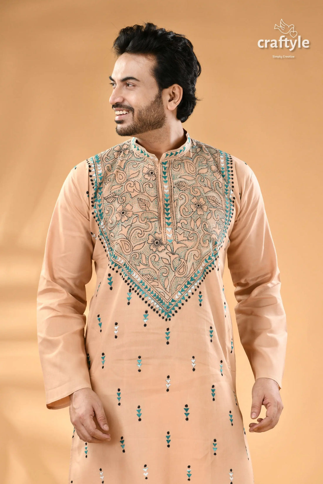 Almond white designer cotton panjabi for men reverse kantha stitch men’s peach colored kurta intricate chest 2