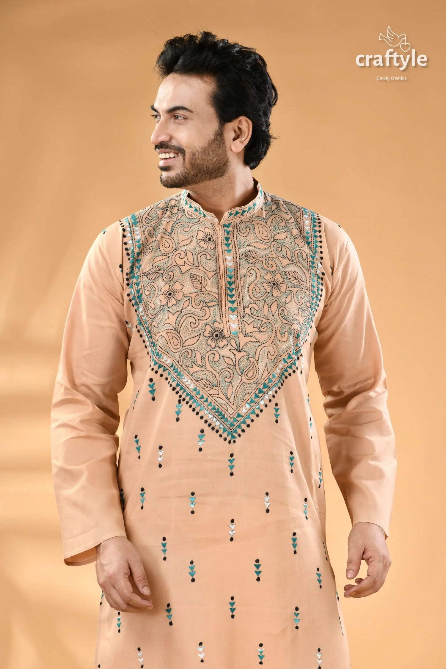 Almond white designer cotton panjabi for men reverse kantha stitch men’s peach colored kurta intricate chest 2