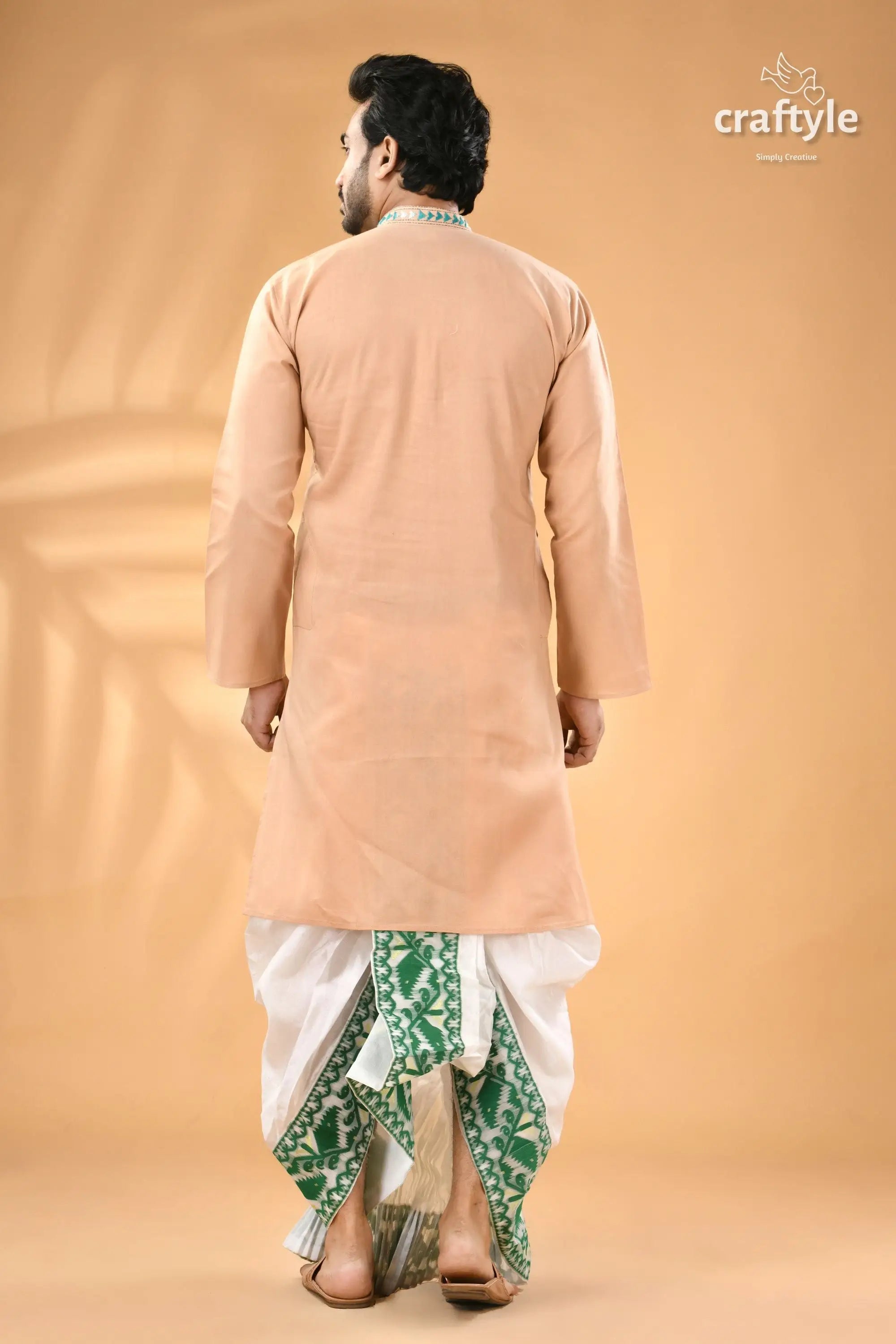Almond white designer cotton panjabi for men reverse kantha stitch men’s peach colored kurta white dhoti 6