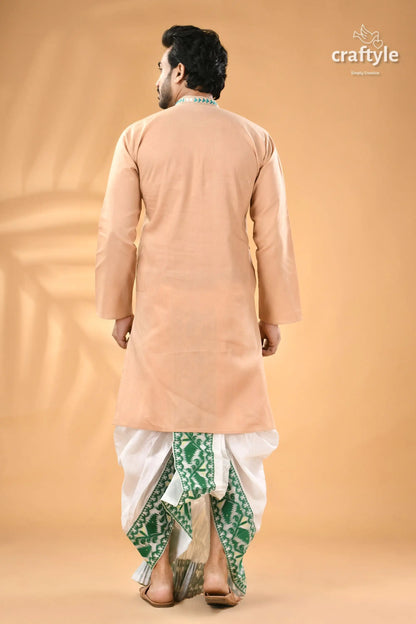 Almond white designer cotton panjabi for men reverse kantha stitch men’s peach colored kurta white dhoti 6