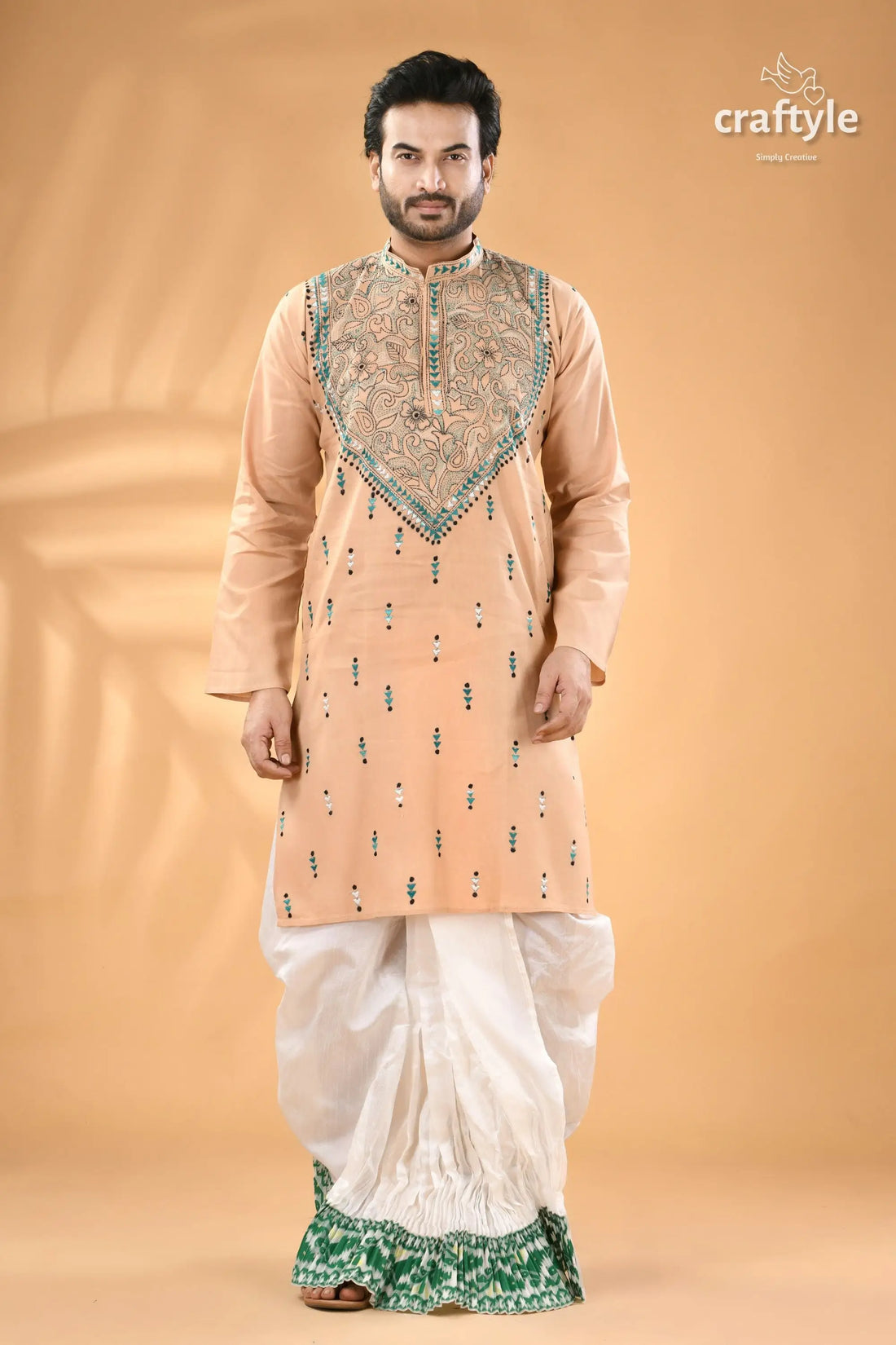 Almond white designer cotton panjabi for men reverse kantha stitch men’s peach colored embroidered kurta white 1