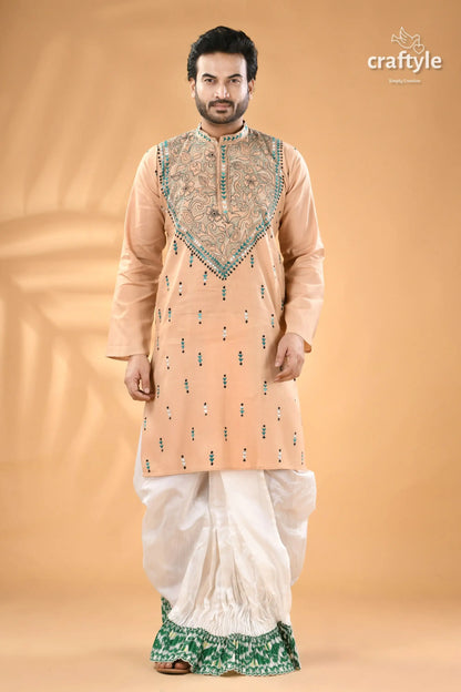 Almond white designer cotton panjabi for men reverse kantha stitch men’s peach colored embroidered kurta white 1