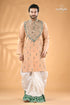 Almond white designer cotton panjabi for men reverse kantha stitch men’s peach colored embroidered kurta white 1