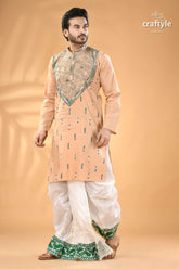 Almond white designer cotton panjabi for men reverse kantha stitch men’s peach colored long kurta intricate 4