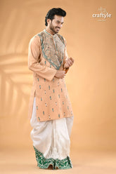 Almond white designer cotton panjabi for men reverse kantha stitch men’s embroidered peach kurta white 3