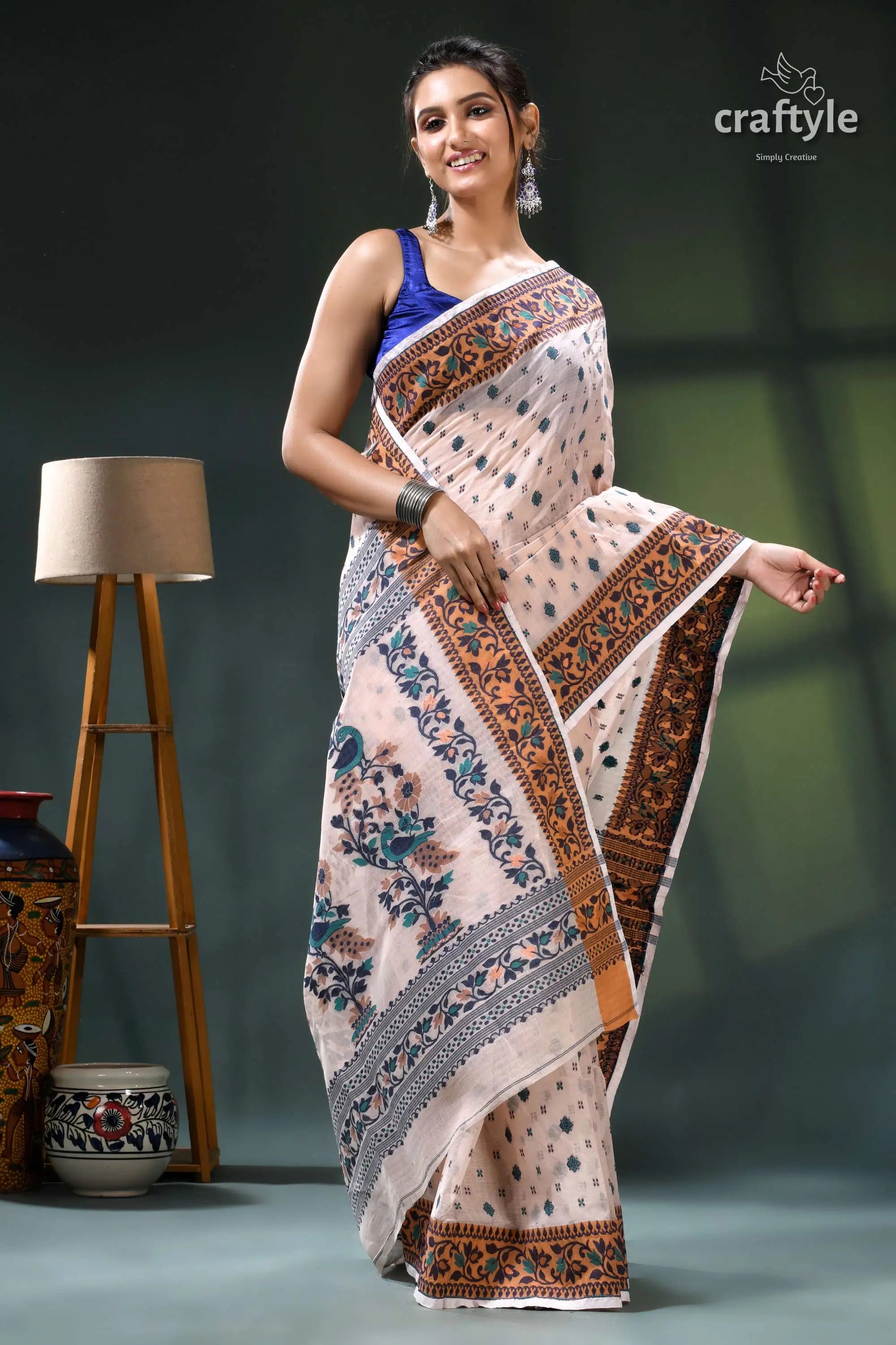 Almond white floral design graceful cotton jamdani saree cream brown floral saree blue 4