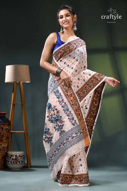 Almond white floral design graceful cotton jamdani saree cream brown floral saree blue 4