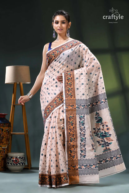 Almond white floral design graceful cotton jamdani saree cream brown floral saree blue 6