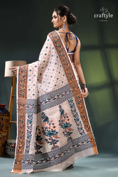 Almond white floral design graceful cotton jamdani saree cream-colored saree intricate floral geometric 5