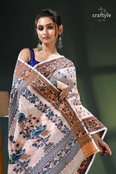 Almond white floral design graceful cotton jamdani saree cream brown floral saree blue 2