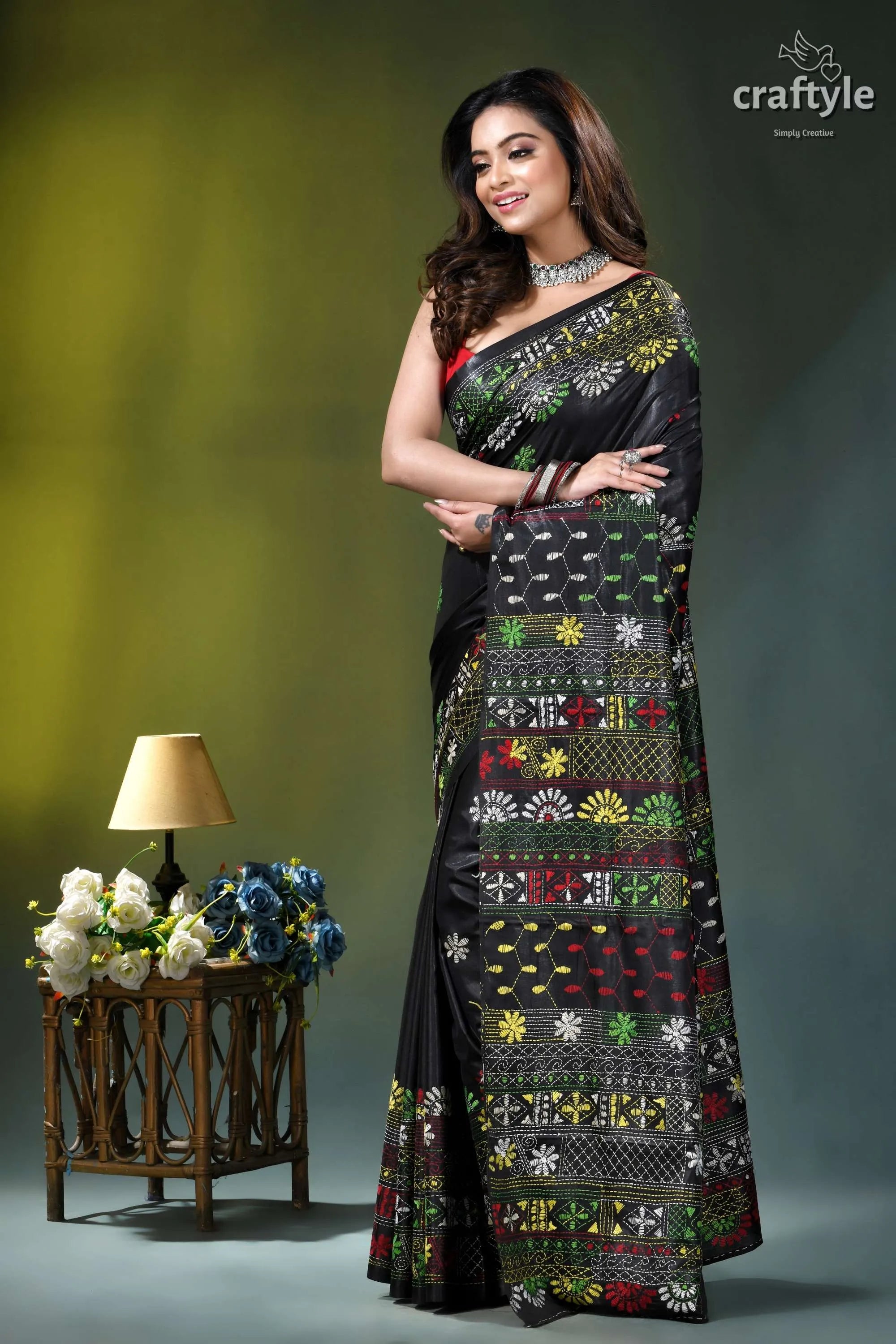 Almost black silk saree with handcrafted lambani embroidery black saree intricate multicolored embroidery 3