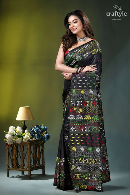 Almost black silk saree with handcrafted lambani embroidery black saree intricate multicolored embroidery 3