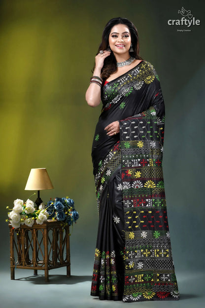 Almost black silk saree with handcrafted lambani embroidery black saree intricate multicolored floral 7