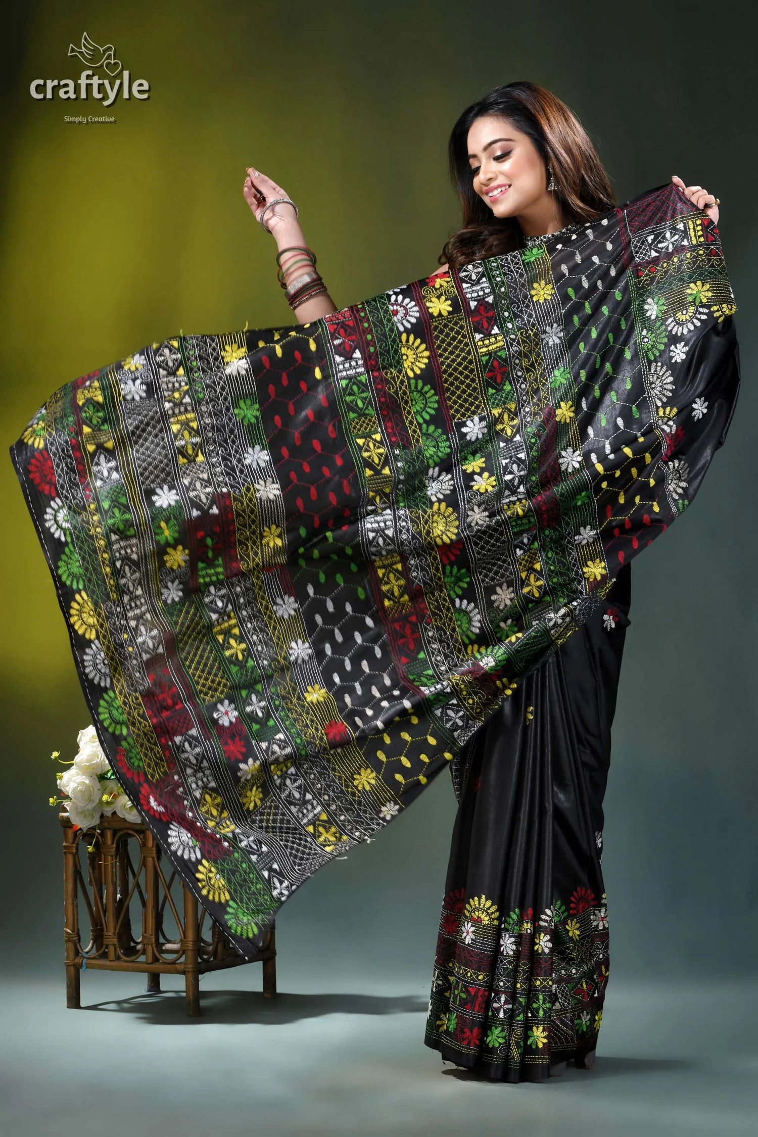 Almost black silk saree with handcrafted lambani embroidery black saree vibrant floral geometric 5