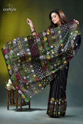 Almost black silk saree with handcrafted lambani embroidery black saree vibrant floral geometric 5