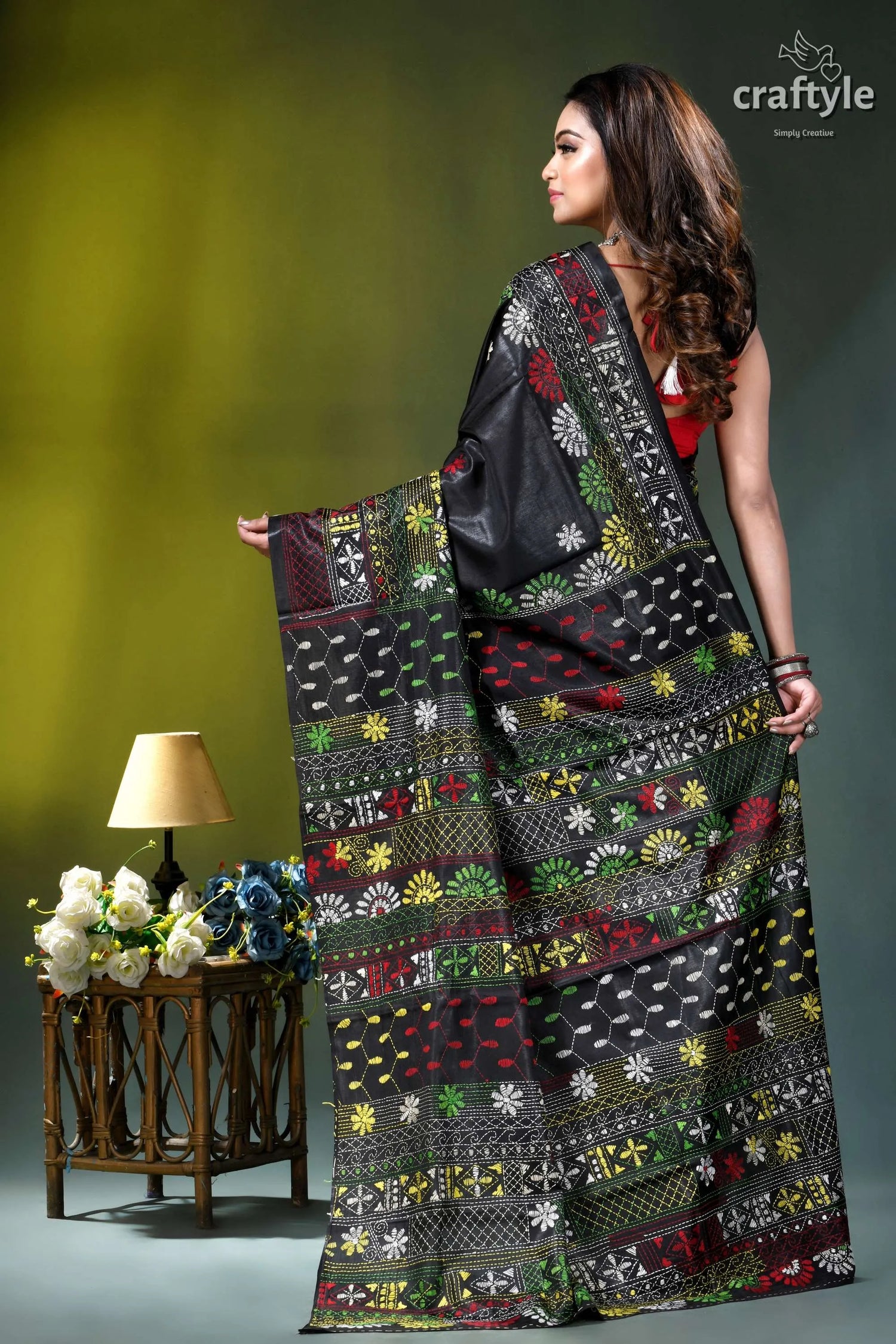 Almost black silk saree with handcrafted lambani embroidery black silk saree intricate floral 6
