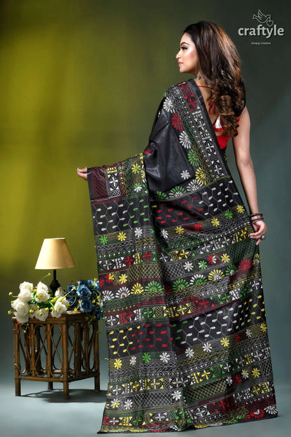 Almost black silk saree with handcrafted lambani embroidery black silk saree intricate floral 6