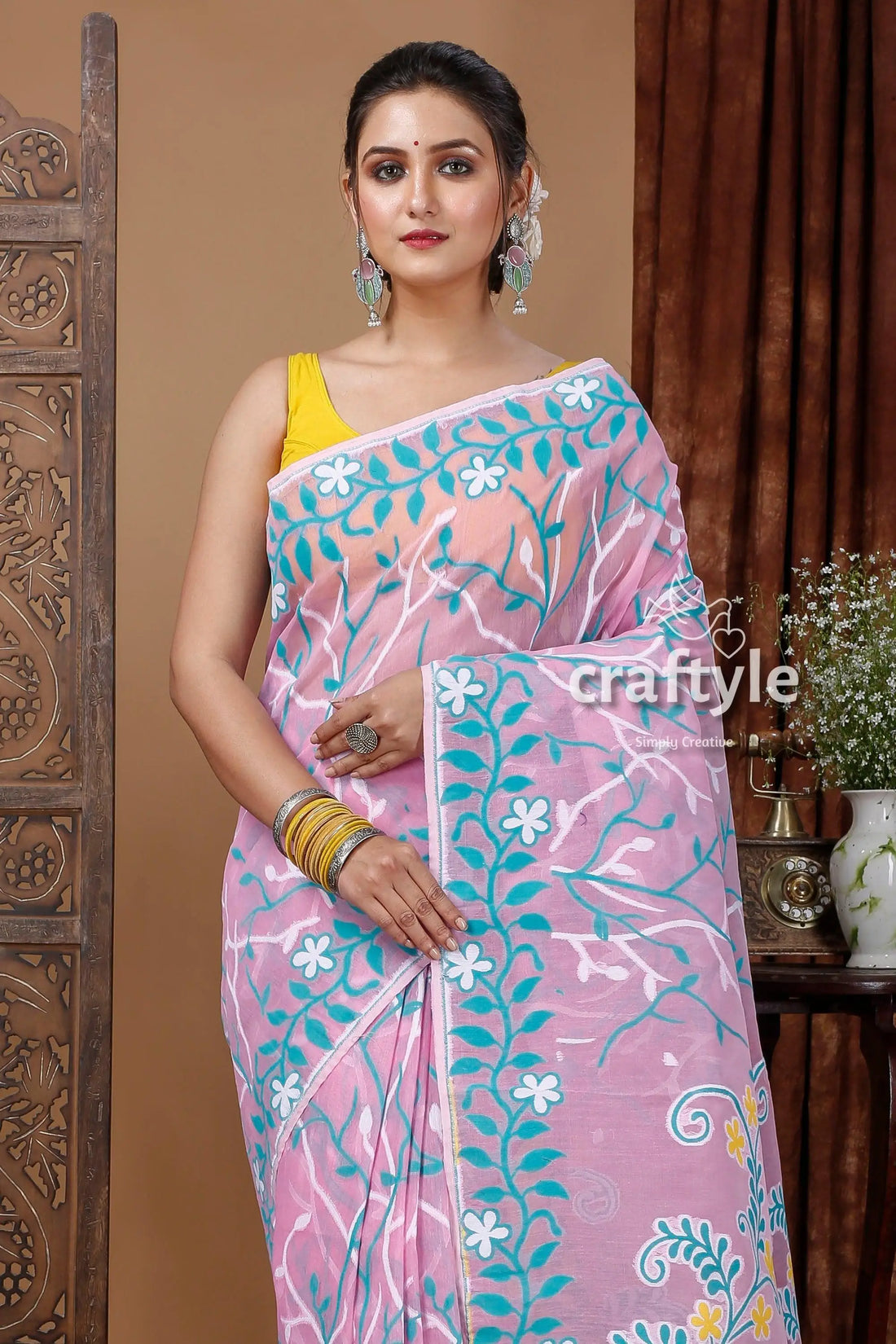 Amaranth pink and green dhakai jamdani saree - traditional bengali fabric woman pink floral saree 2