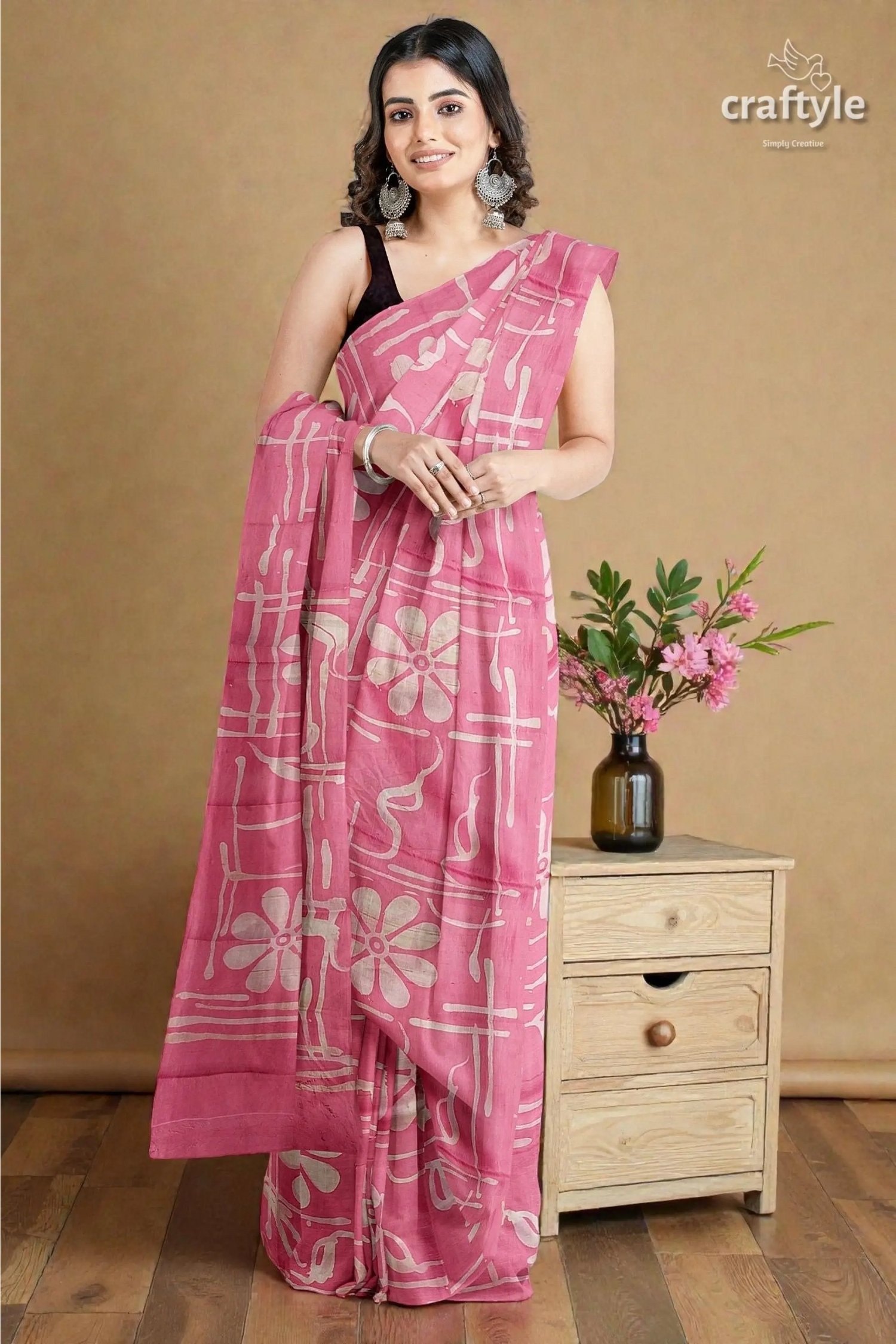 Amaranth pink floral motif hand batik mulberry pure silk saree - 2