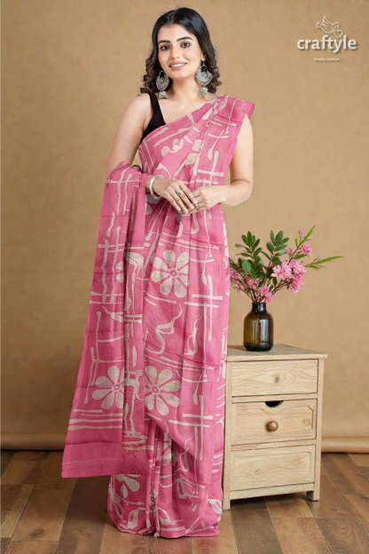 Amaranth pink floral motif hand batik mulberry pure silk saree - 2