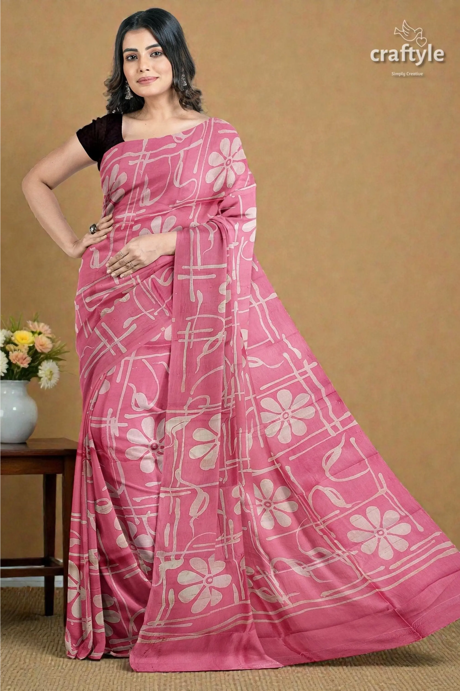 Amaranth pink floral motif hand batik mulberry pure silk saree - 6