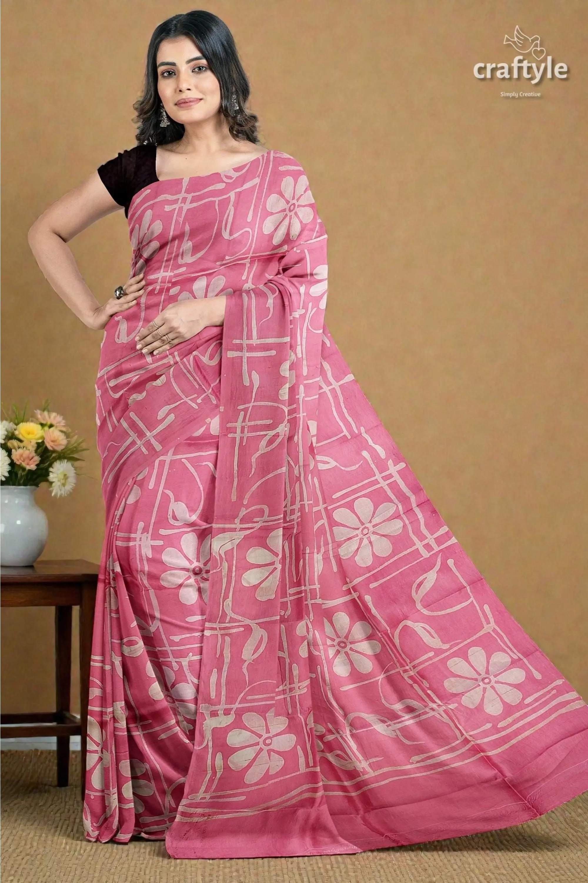 Amaranth pink floral motif hand batik mulberry pure silk saree - 6