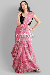 Amaranth Pink Floral Motif Hand Batik Mulberry Pure Silk Saree - Batik Silk Saree - Craftyle