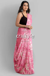 Amaranth Pink Floral Motif Hand Batik Mulberry Pure Silk Saree - Batik Silk Saree - Craftyle
