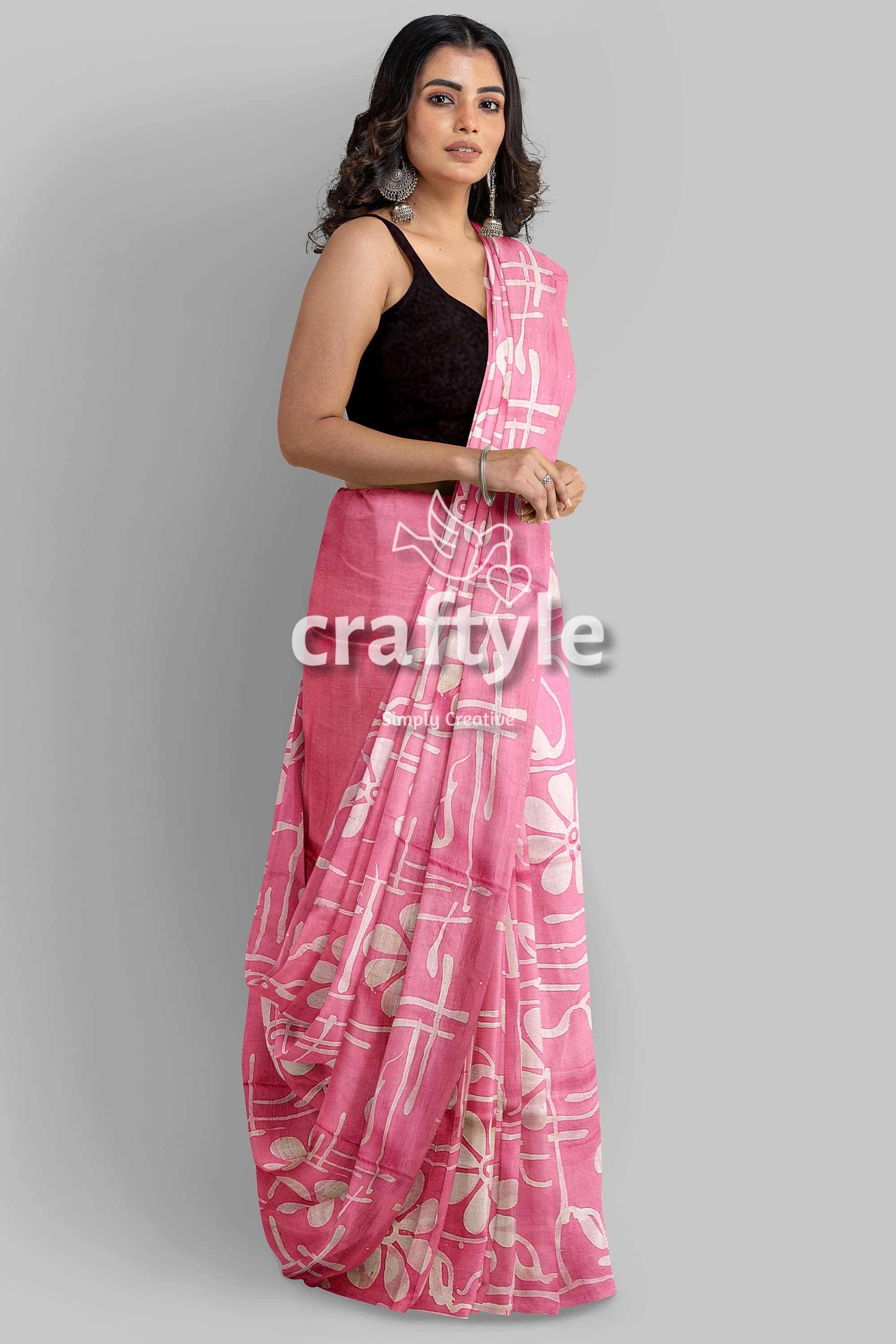 Amaranth Pink Floral Motif Hand Batik Mulberry Pure Silk Saree - Batik Silk Saree - Craftyle