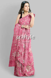Amaranth Pink Floral Motif Hand Batik Mulberry Pure Silk Saree - Batik Silk Saree - Craftyle