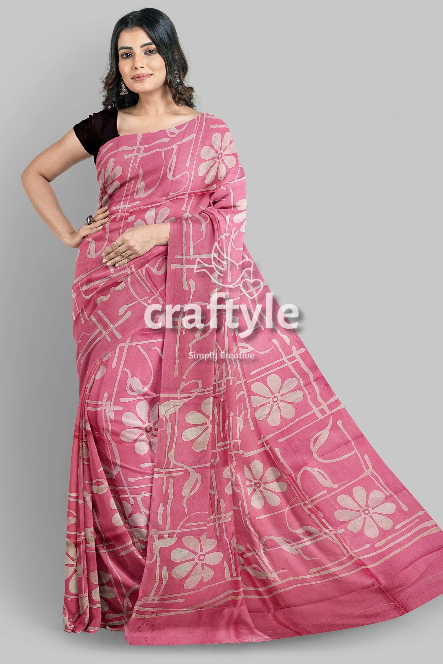 Amaranth Pink Floral Motif Hand Batik Mulberry Pure Silk Saree - Batik Silk Saree - Craftyle