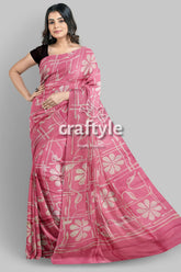 Amaranth Pink Floral Motif Hand Batik Mulberry Pure Silk Saree - Batik Silk Saree - Craftyle