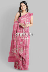 Amaranth Pink Floral Motif Hand Batik Mulberry Pure Silk Saree - Batik Silk Saree - Craftyle