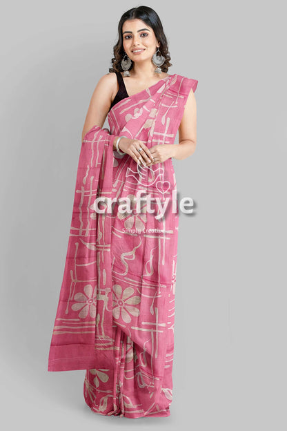 Amaranth Pink Floral Motif Hand Batik Mulberry Pure Silk Saree - Batik Silk Saree - Craftyle