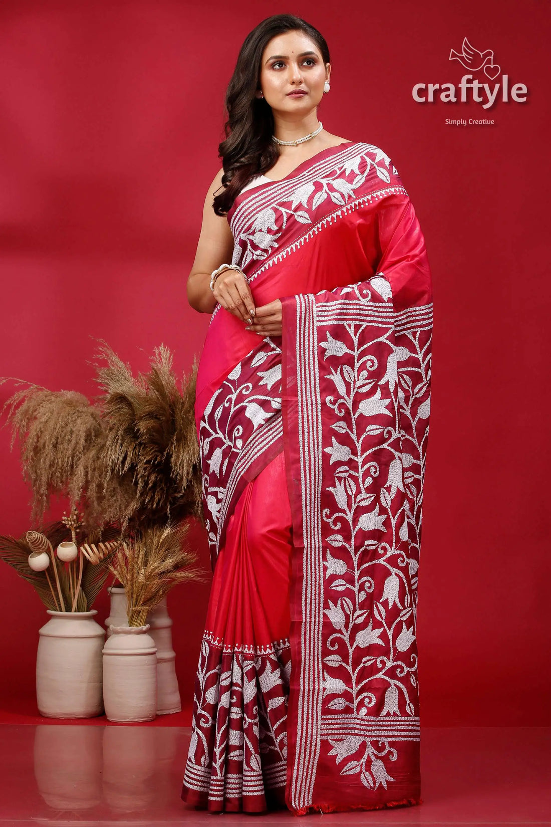 Amaranth purple and red dyed silk kantha saree red white floral saree 1