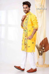 Amber yellow multithread kantha hand embroidered gents kurta bright colorful 4
