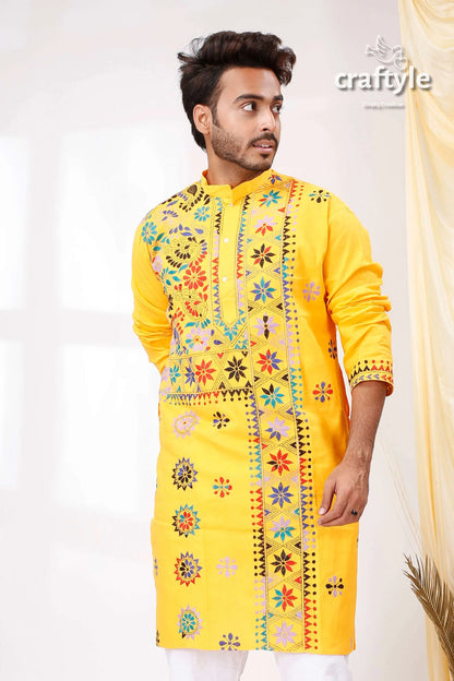 Amber yellow multithread kantha hand embroidered gents kurta vibrant intricate 2