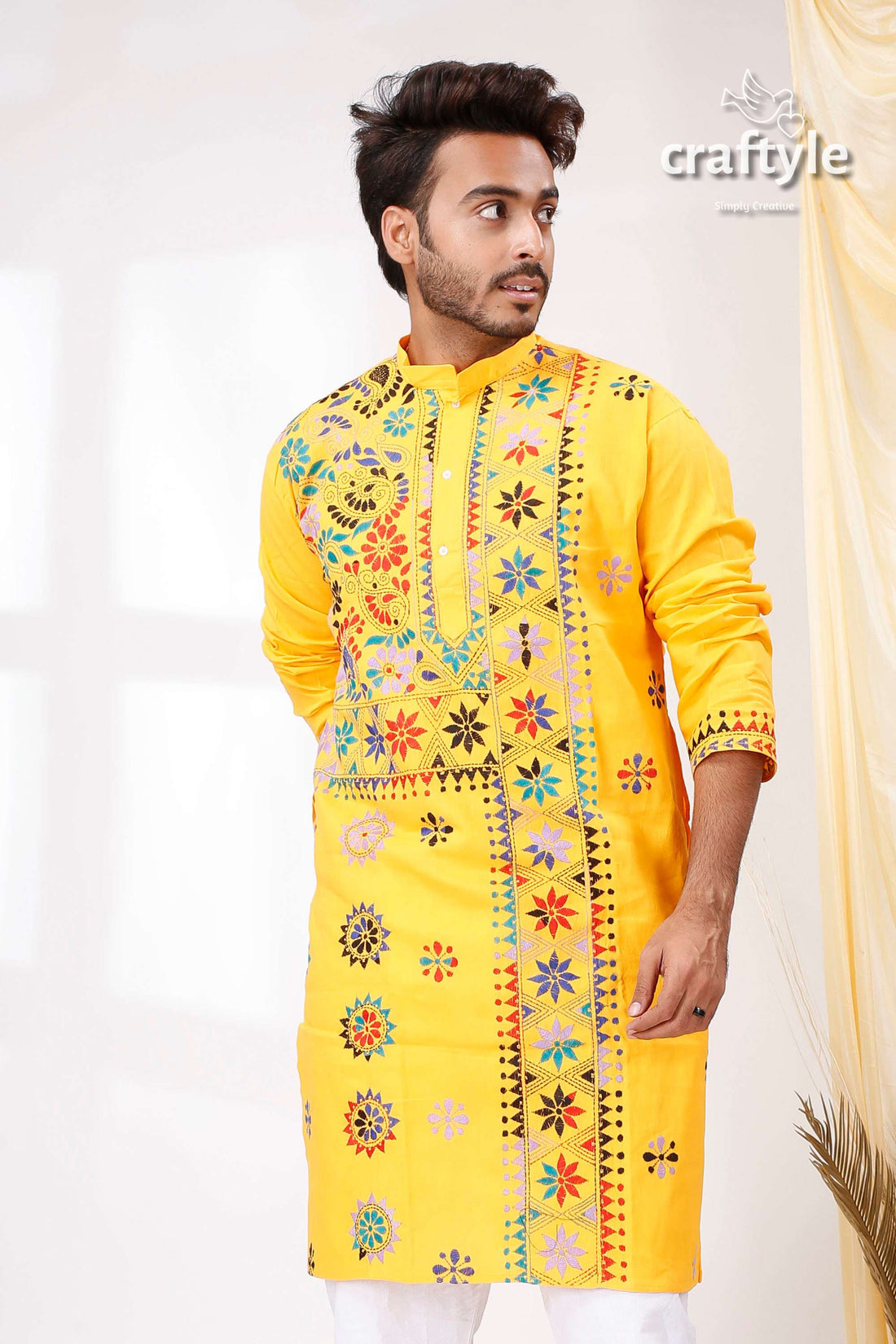Amber Yellow Multithread Kantha Hand Embroidered Gents Kurta - Craftyle